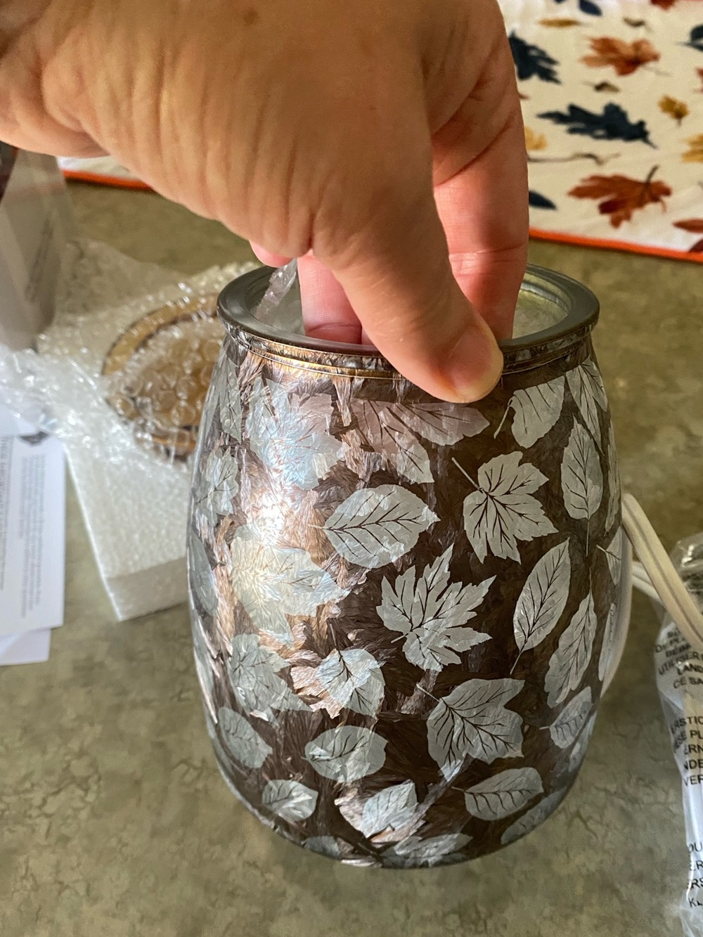 Scentsy Brown and Silver Leaf Glass Warmer